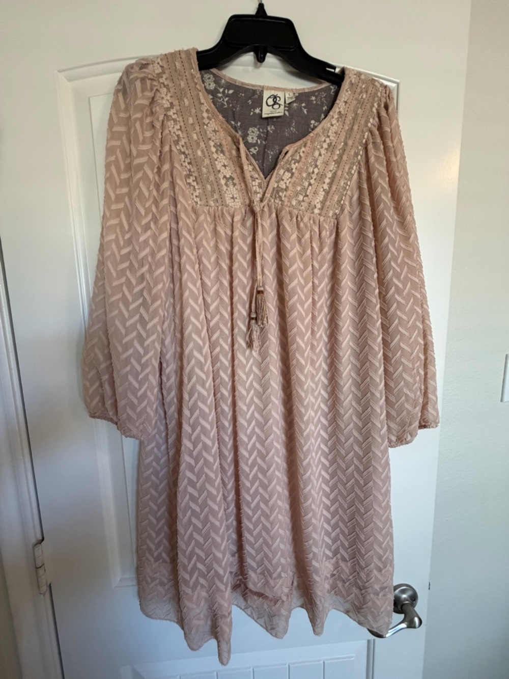 Boho Lace Yoke Long Sleeve Dress in Blush